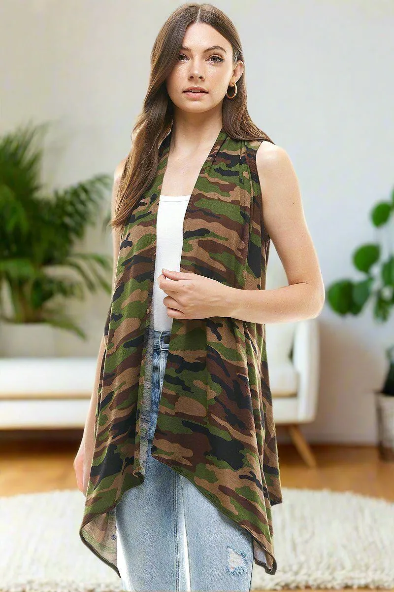 Womens Green Camouflage Vest, Open Front Cardigan, Sizes S/M/L/XL, Green/Brown