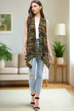 Womens Green Camouflage Vest, Open Front Cardigan, Sizes S/M/L/XL, Green/Brown