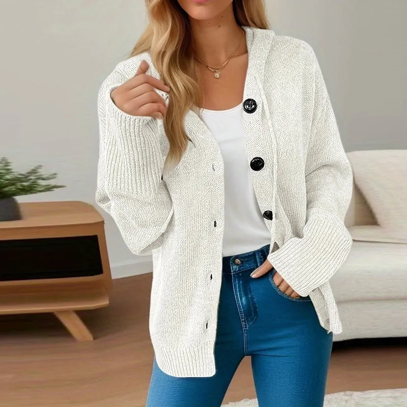 Women's knitted hooded cardigan with drawstring