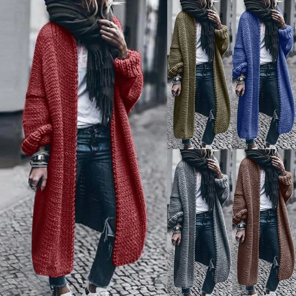 Women's solid chunky knitted cardigan oversized maxi cardigan sweater