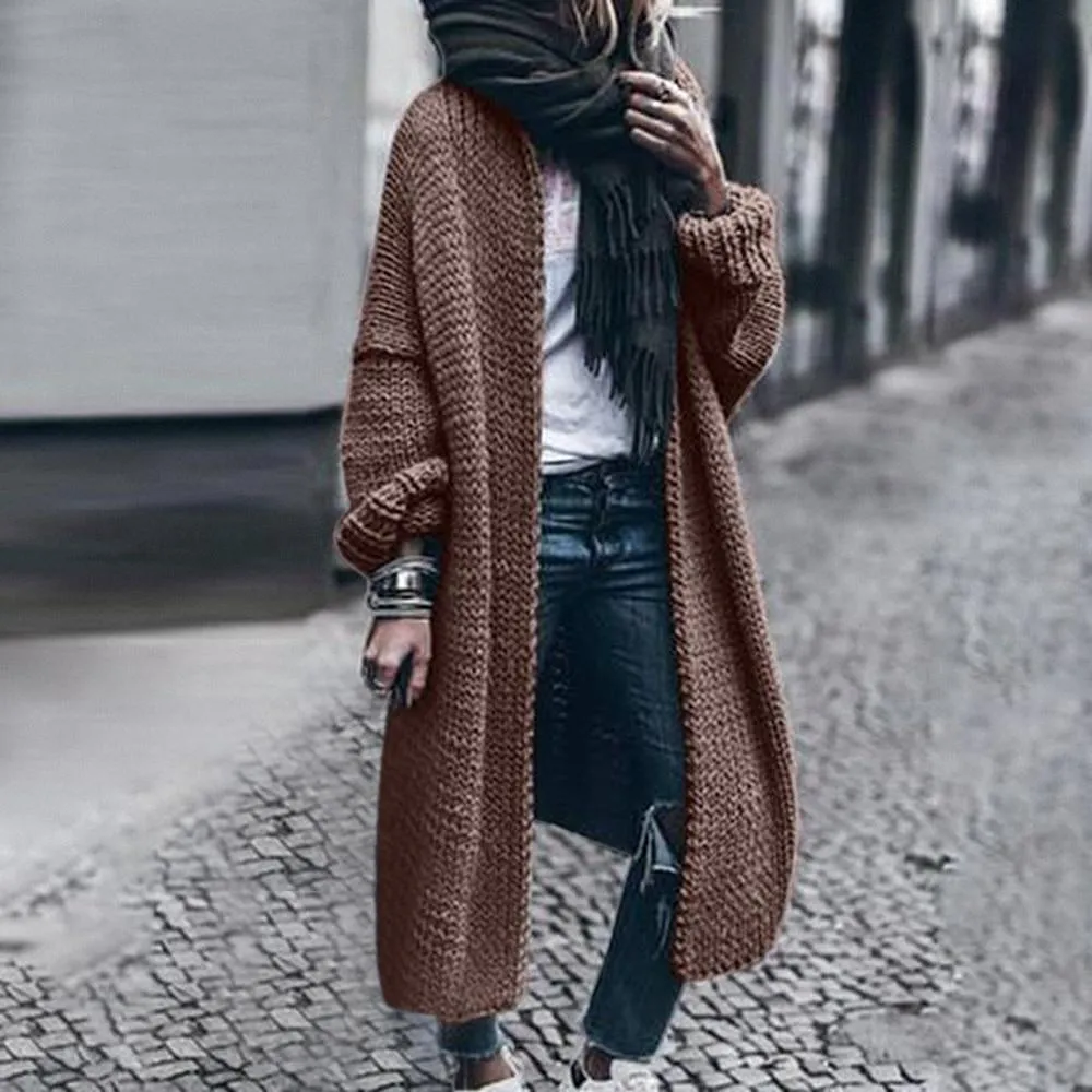 Women's solid chunky knitted cardigan oversized maxi cardigan sweater