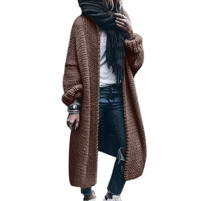 Women's solid chunky knitted cardigan oversized maxi cardigan sweater